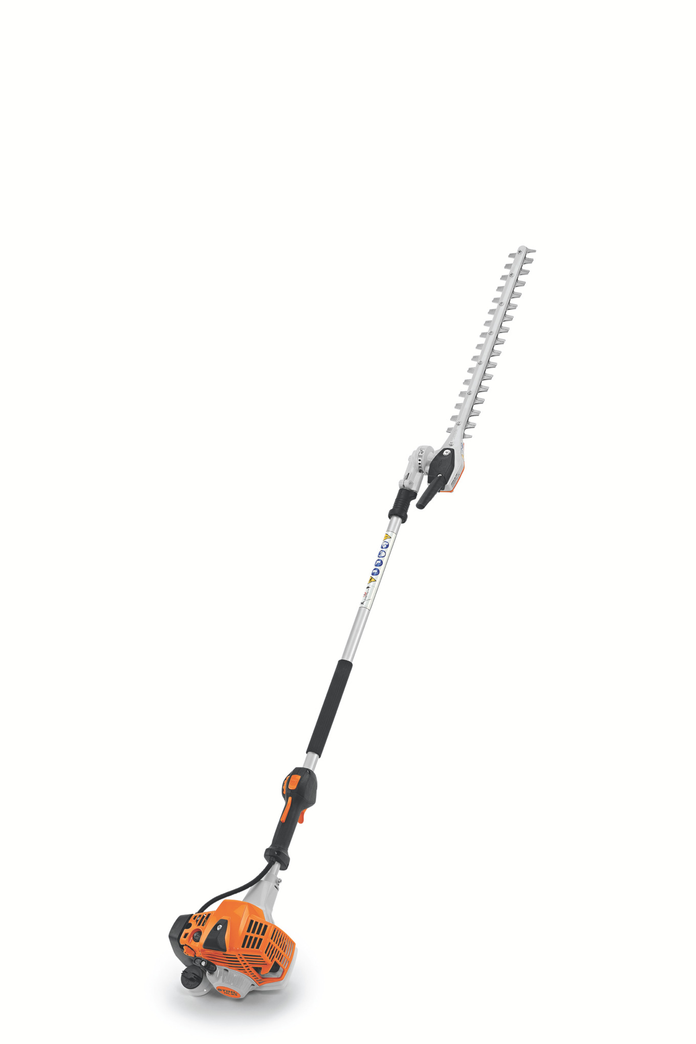 Lightweight, professional extended-reach hedge trimmer with adjustable, articulating head.