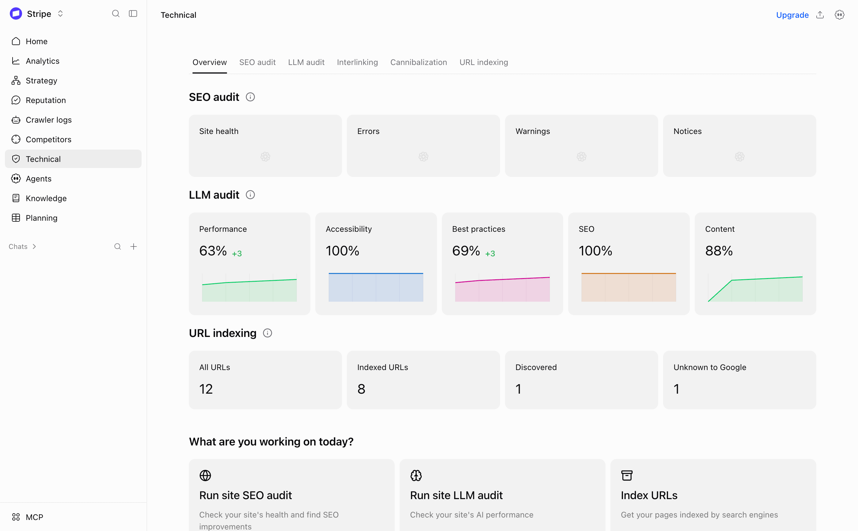 Atomic technical overview with SEO audits, LLM readiness and indexing.