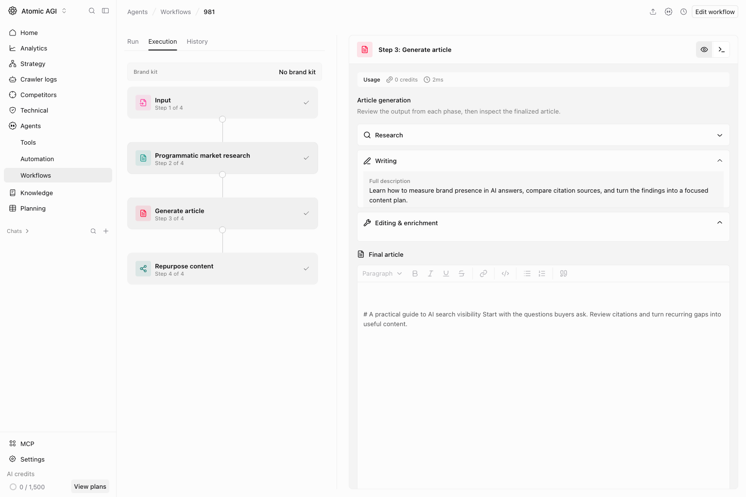 Atomic article generation with research, writing, editing and a final article editor.