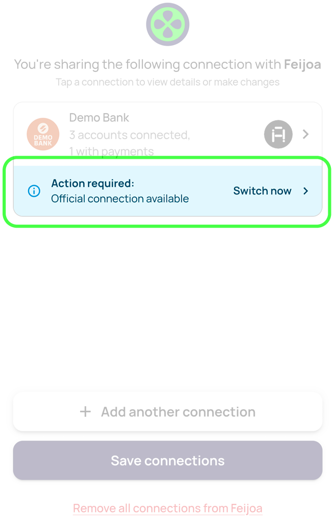 Akahu screen to switch to the official connection with the Switch now button highlighted