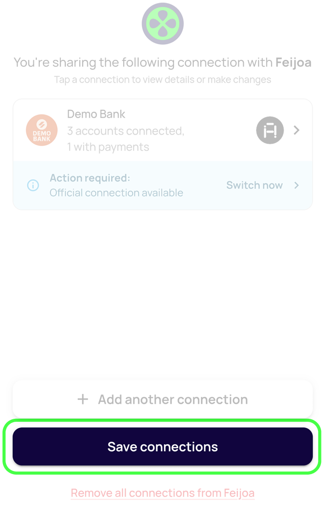 Confirm connections screen with the Save connections button