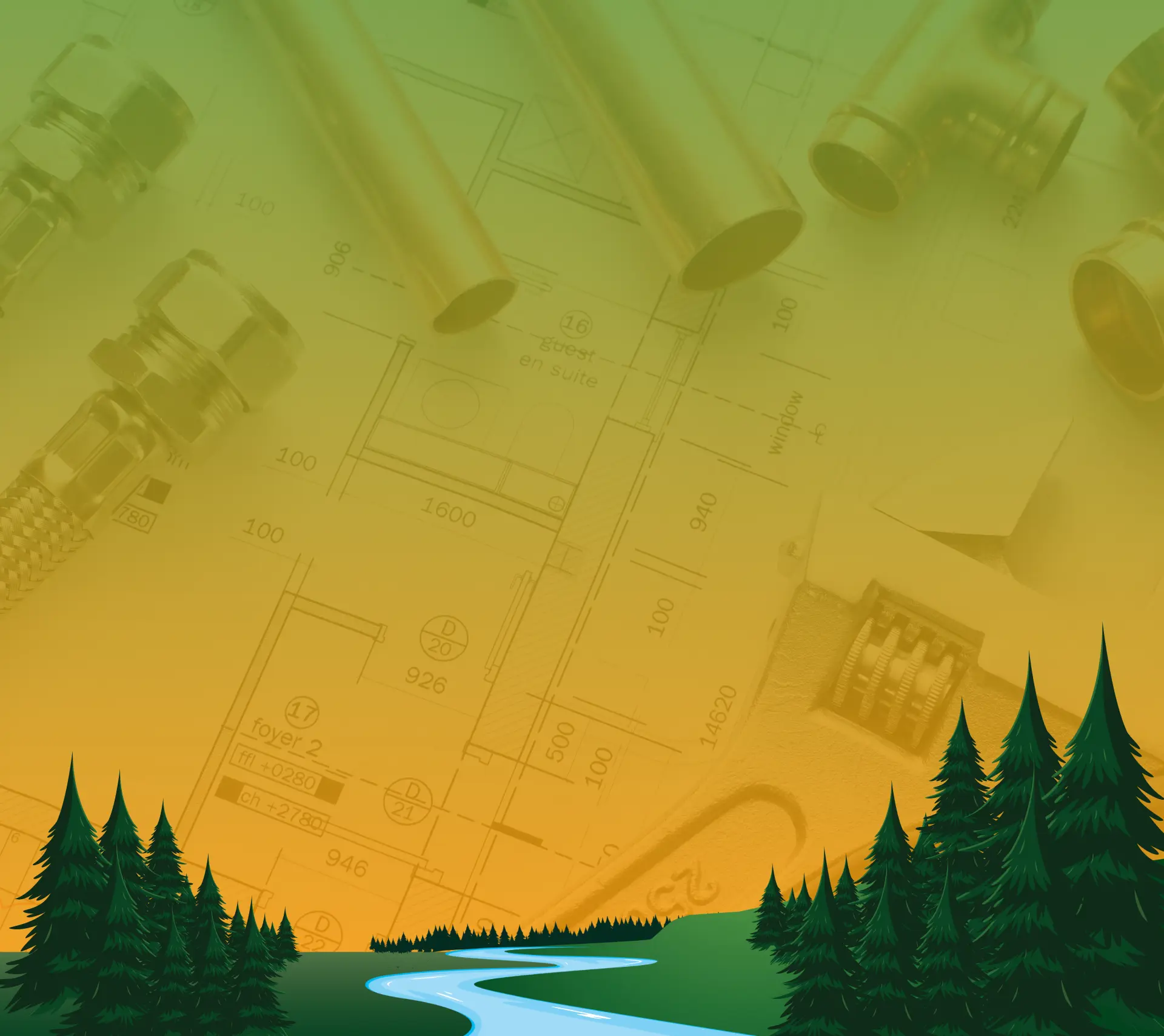 Illustration of a winding river flowing through a forest with pine trees overlaid on a technical blueprint and plumbing parts background in green and yellow tones.