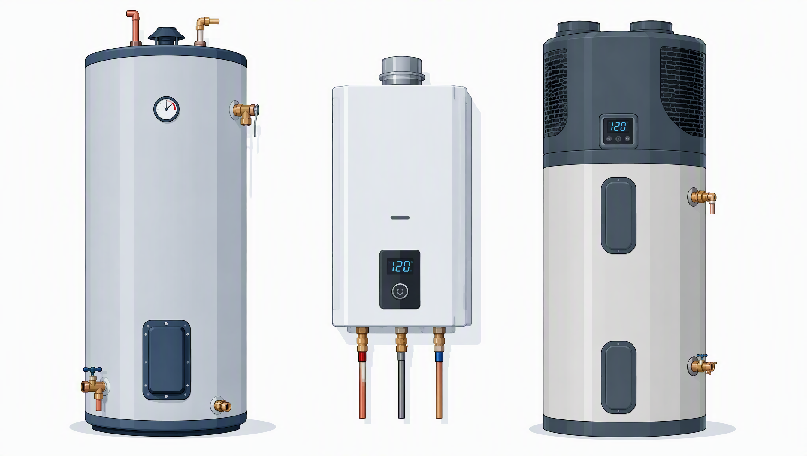 Illustration comparing traditional tank, tankless, and heat pump water heaters
