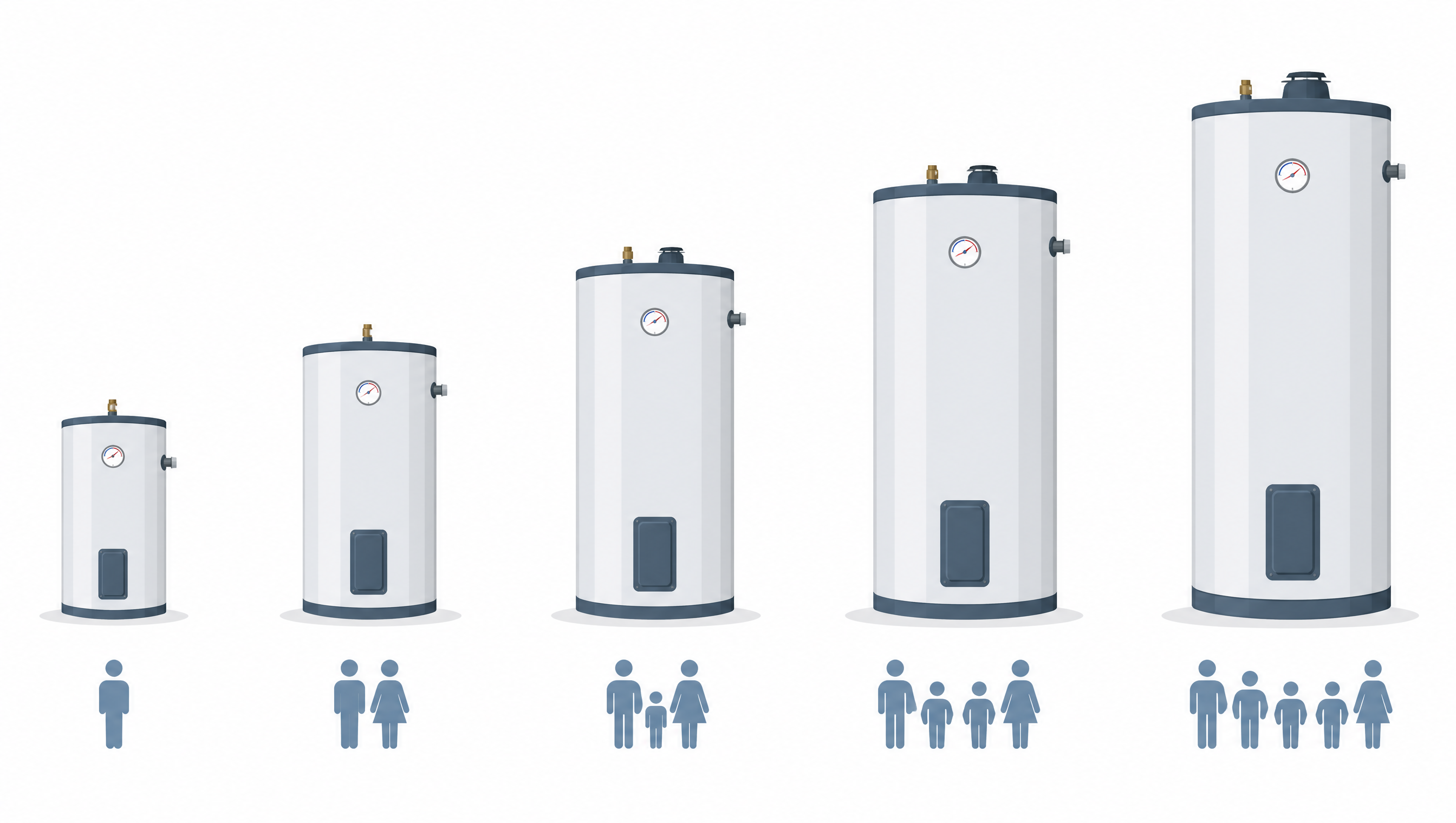 Diagram of water heater tank sizes for different household sizes