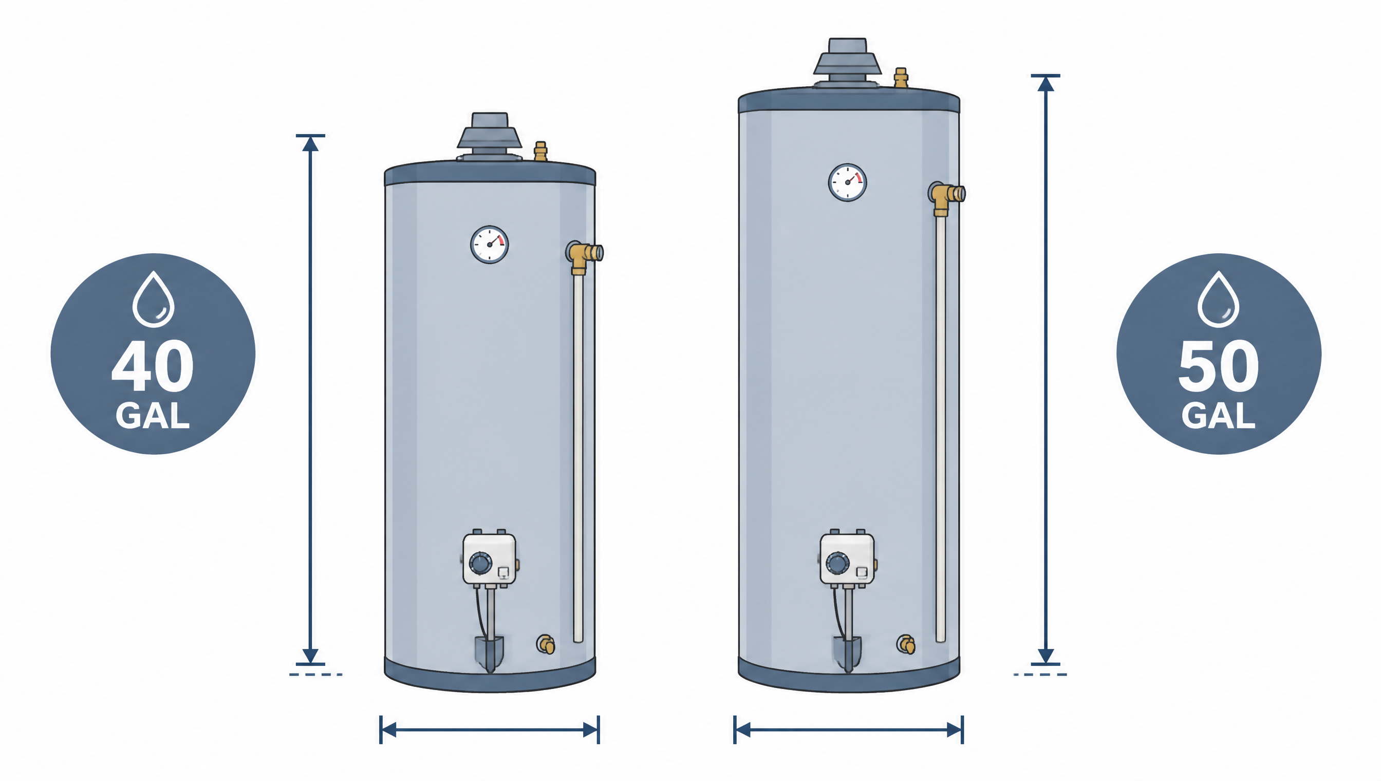 Illustration comparing a 40 and 50 gallon water heater
