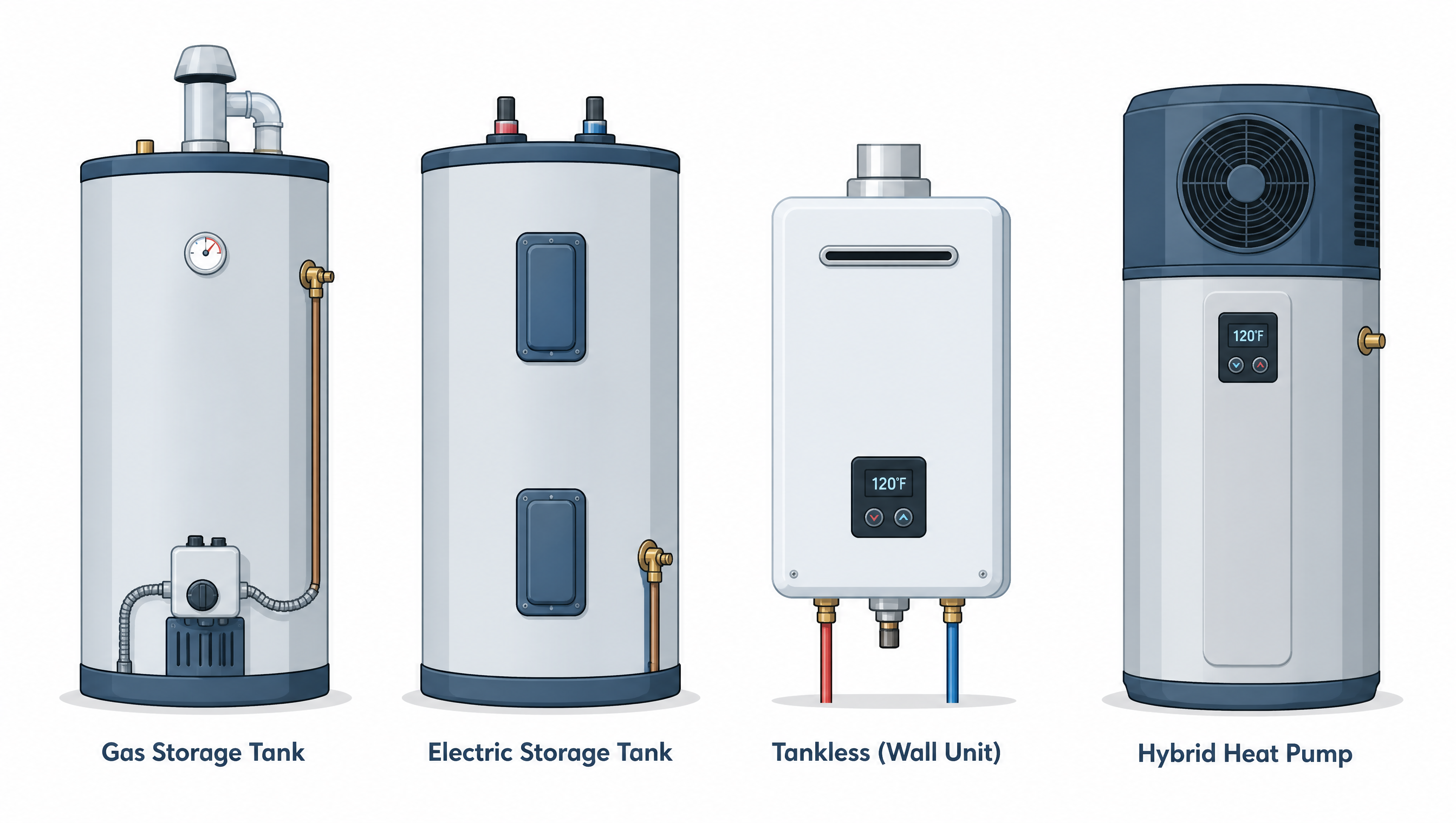 Illustration of gas, electric, tankless, and heat pump water heater types