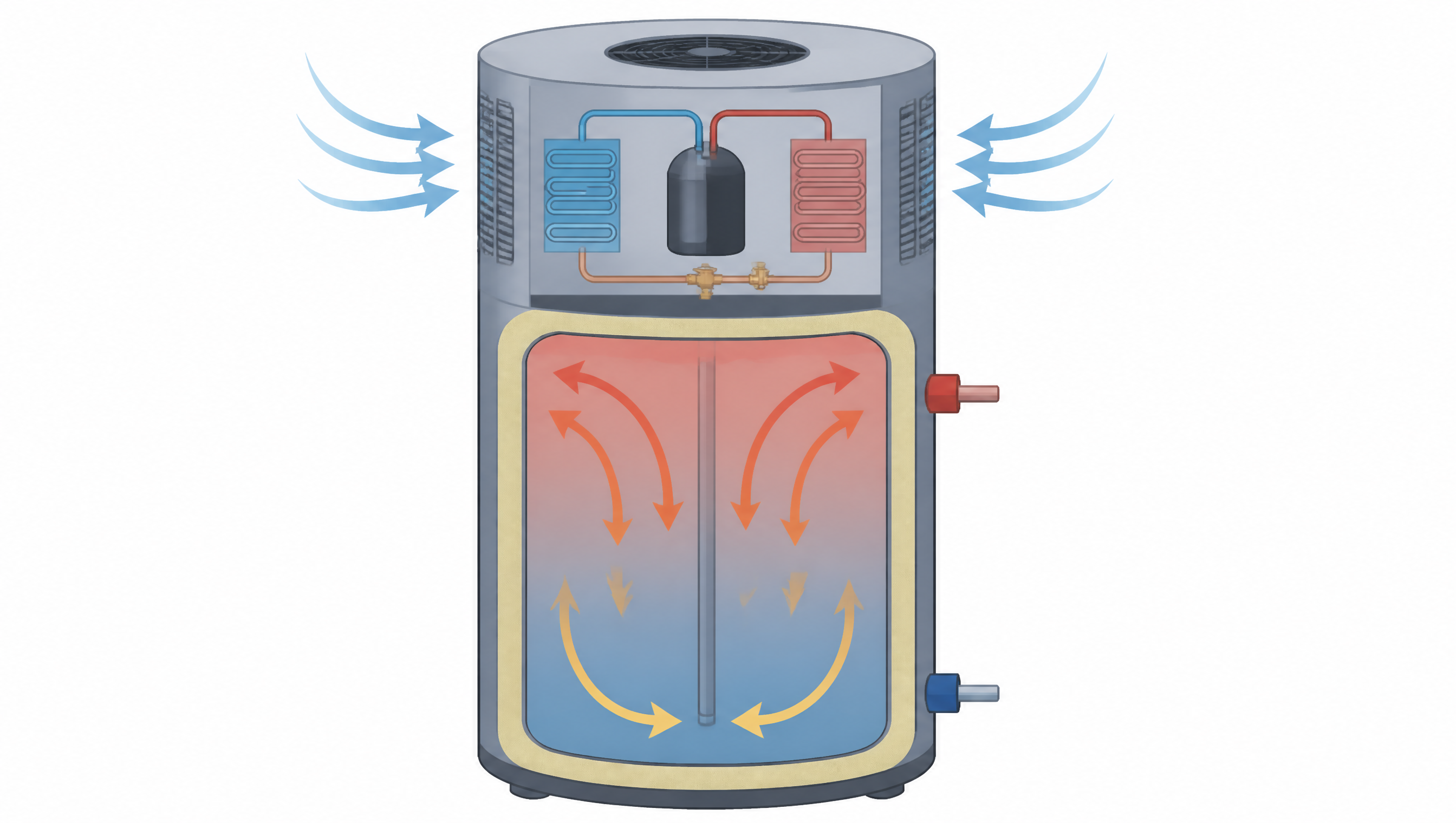 Cutaway diagram of how a heat pump water heater works