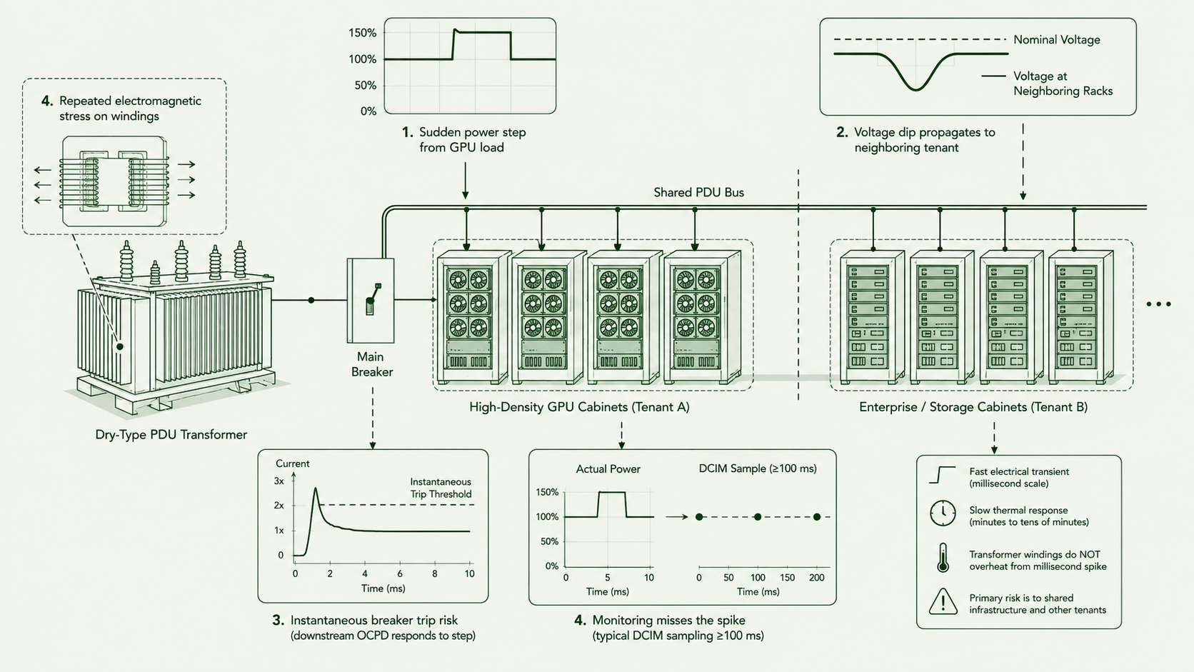 Diagram showing a GPU load step on a shared PDU transformer causing voltage sag at neighboring racks, breaker trip risk, missed monitoring spikes, and winding stress.