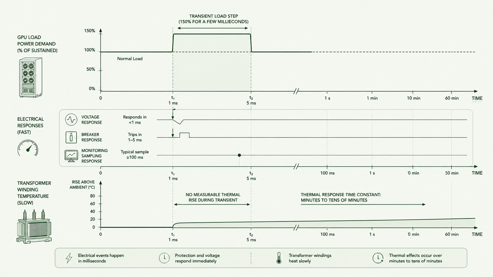 Infographic comparing a millisecond GPU power spike with immediate voltage and breaker responses and the much slower thermal response of transformer windings.