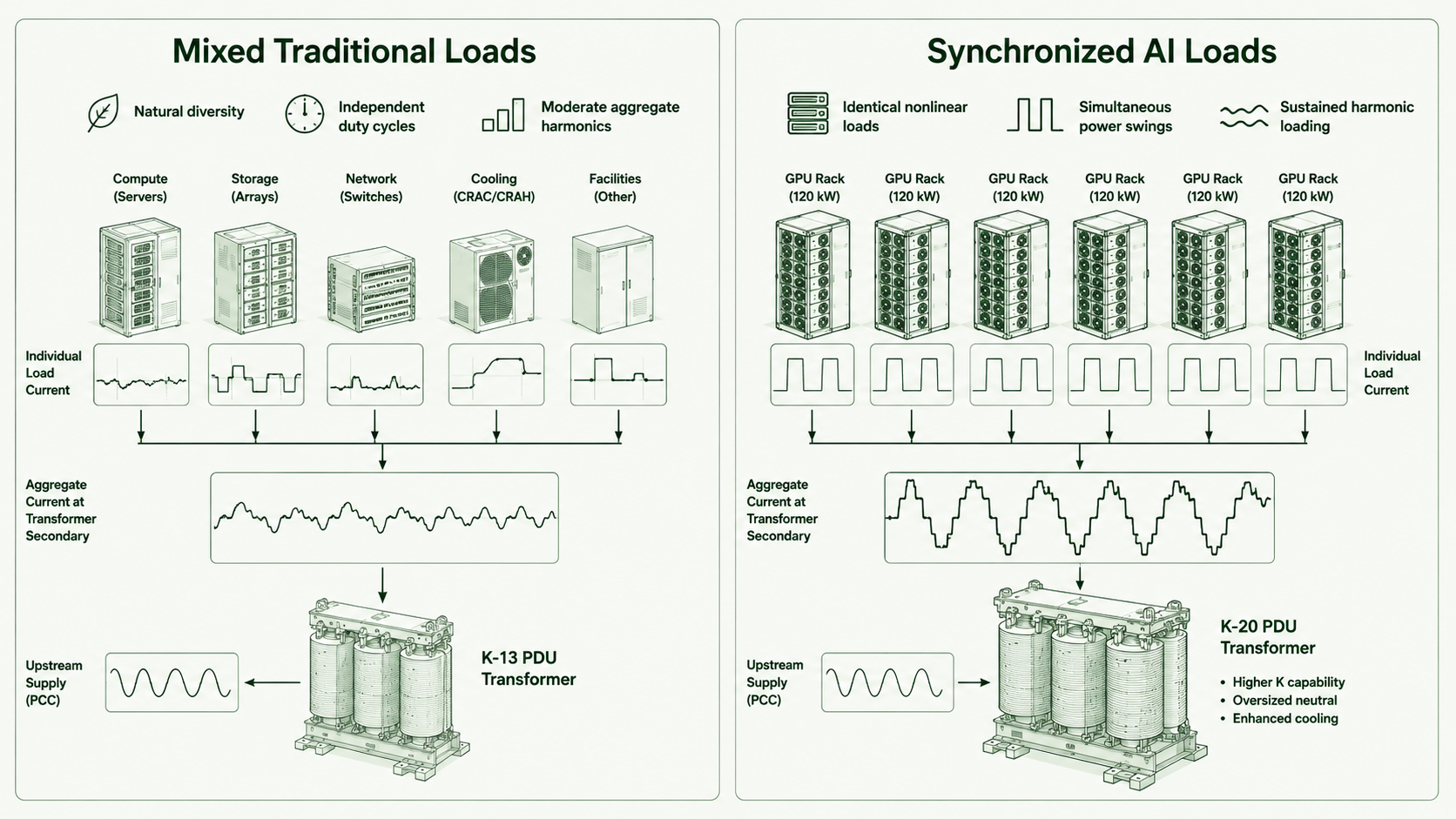 Comparison of diverse traditional data center loads and synchronized GPU racks producing concentrated harmonic current at the PDU transformer.