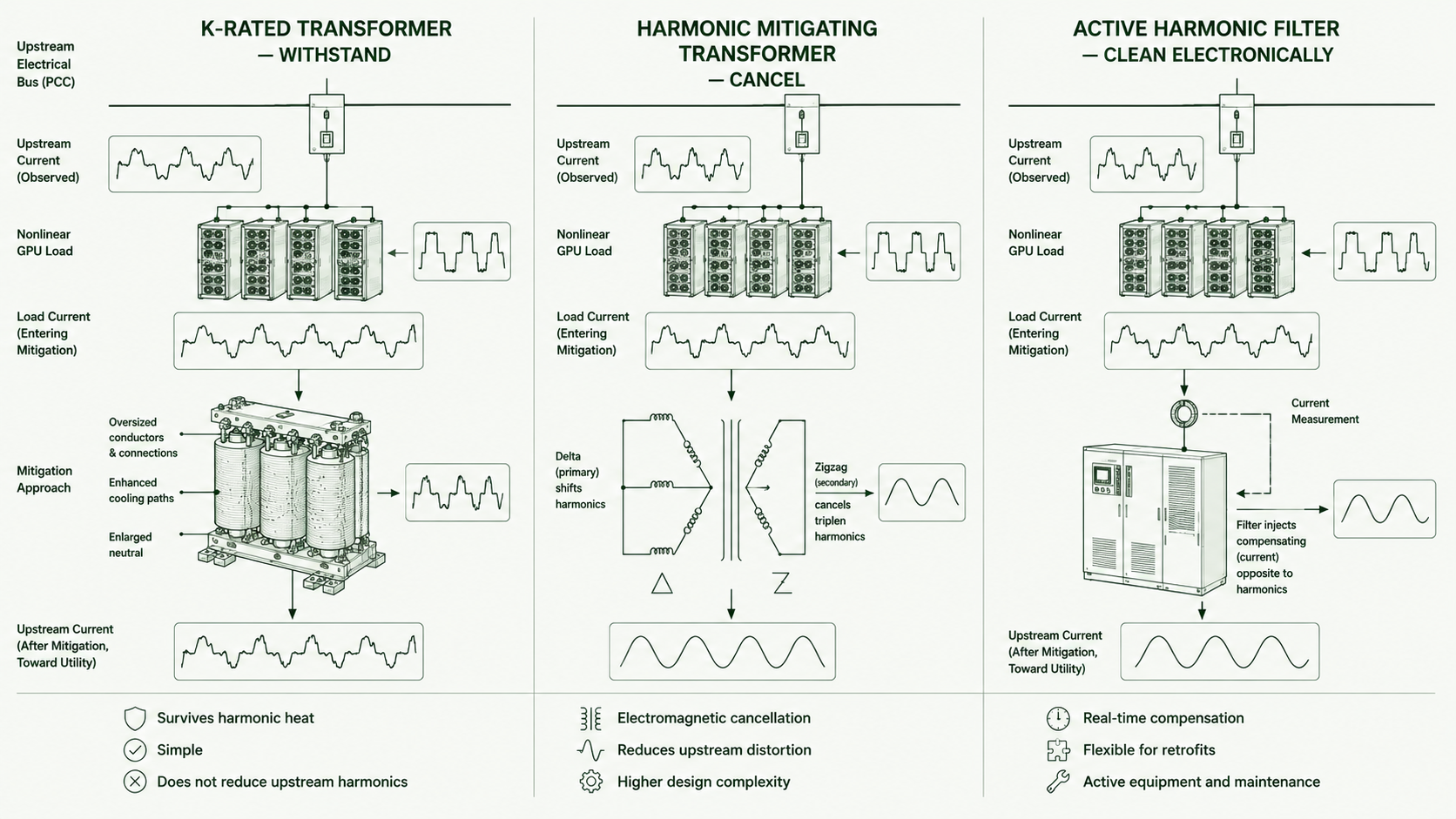 Comparison of K-rated transformers that withstand harmonics, harmonic mitigating transformers that cancel them, and active filters that compensate electronically.