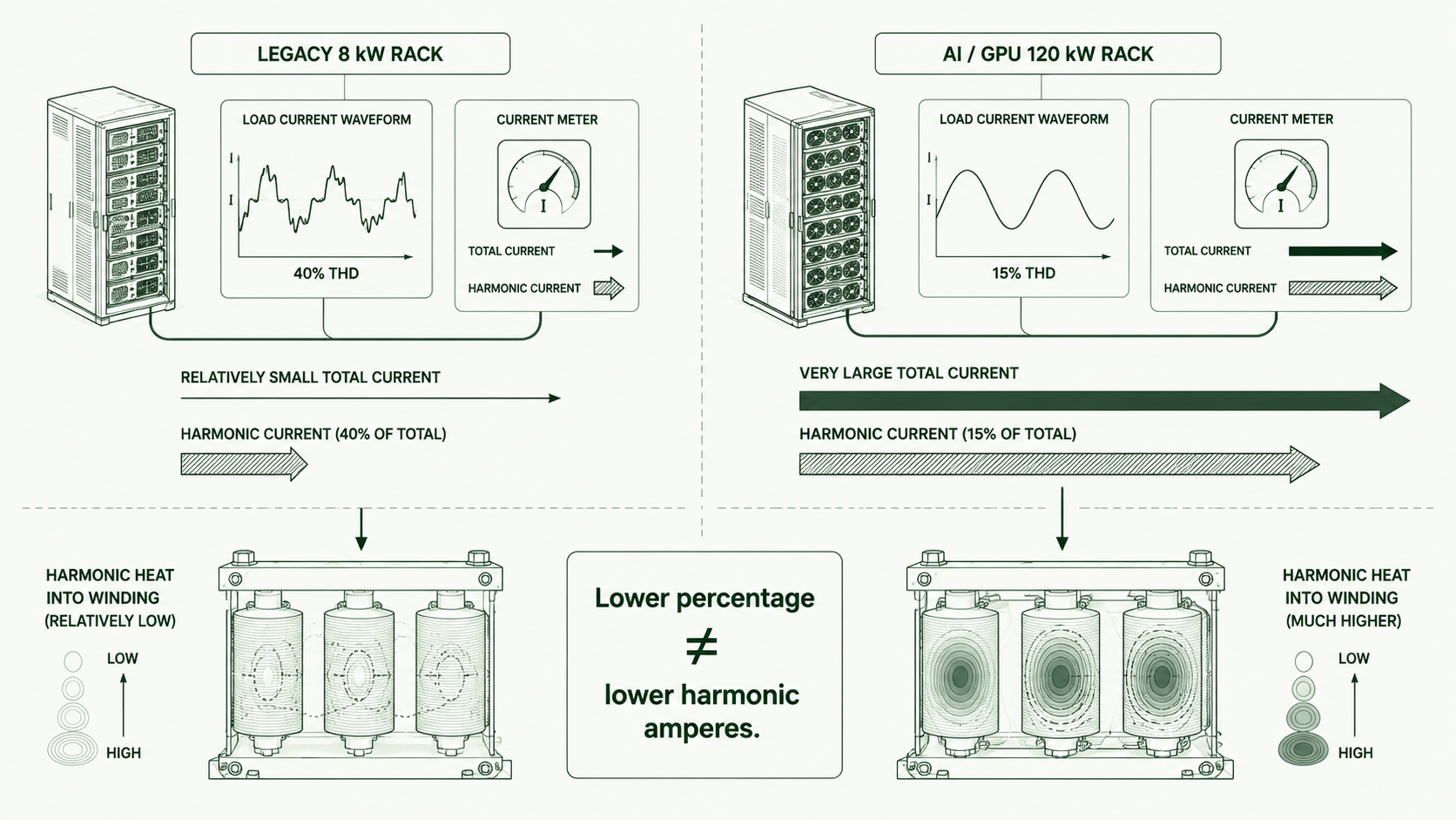 Comparison showing that a high-power GPU rack with lower percentage THD can produce more absolute harmonic current than a smaller legacy rack.