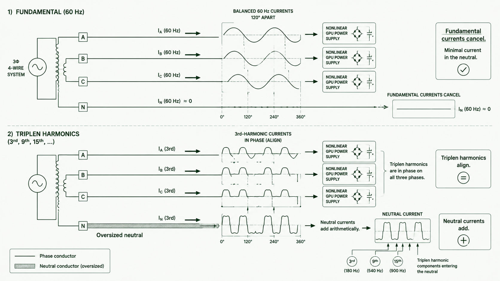 Three-phase diagram showing fundamental currents canceling while triplen harmonics add together on the neutral conductor.