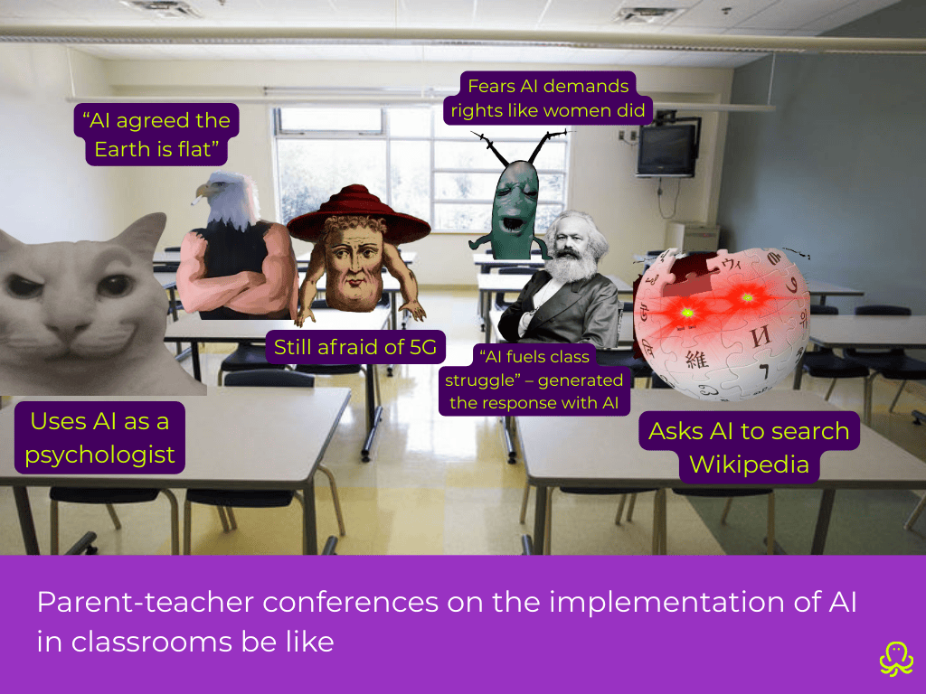 a meme depicting unqualified parents being arrogant at the parent-teacher conference on implementation of AI in classrooms