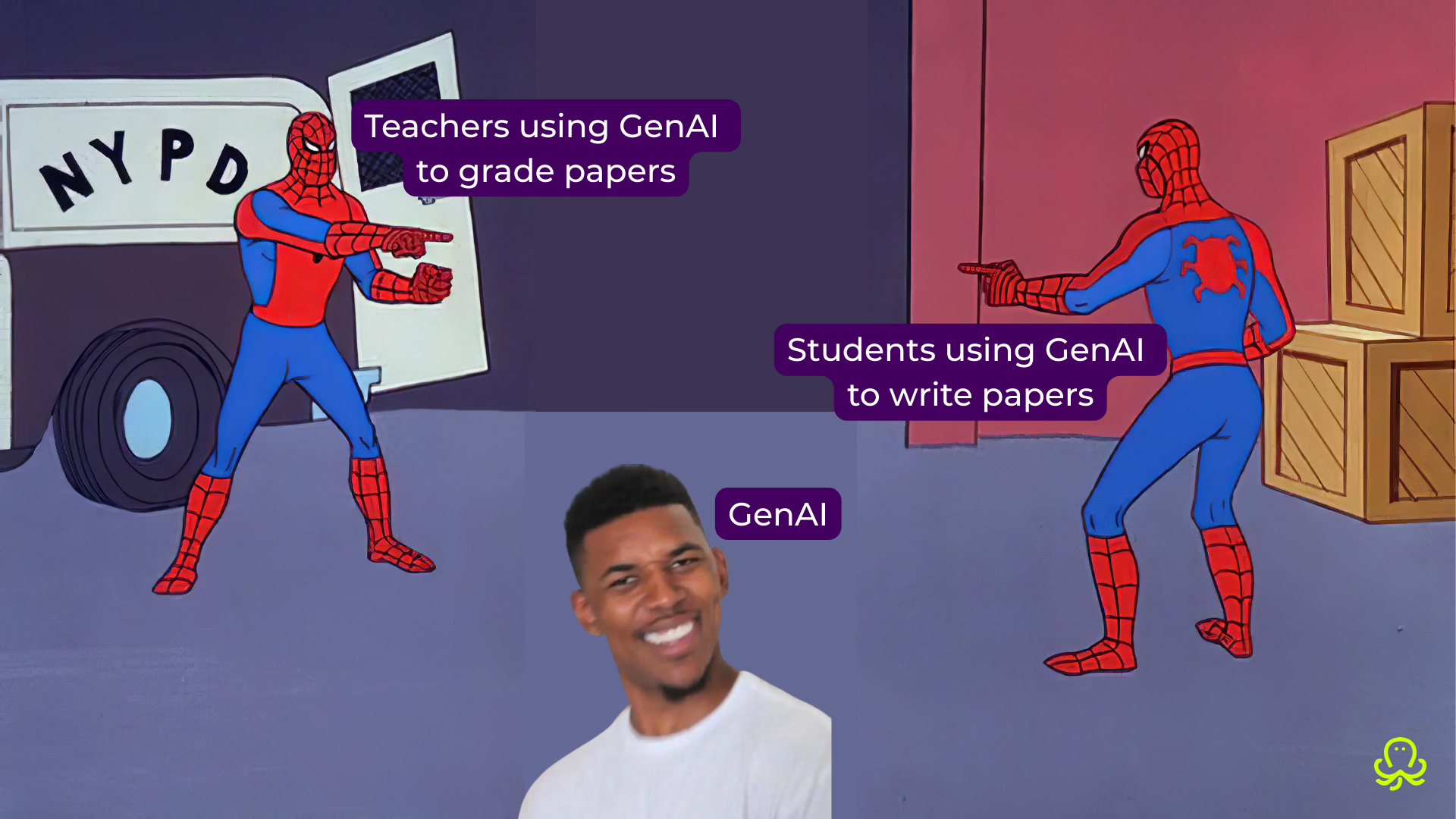 a meme depicting two Spider-Men pointing at each other as criminals: one represents teachers who use Gen AI to grade papers, another represents students using GenAI to write papers. Down in the middle, we have a confused and vilified GenAI