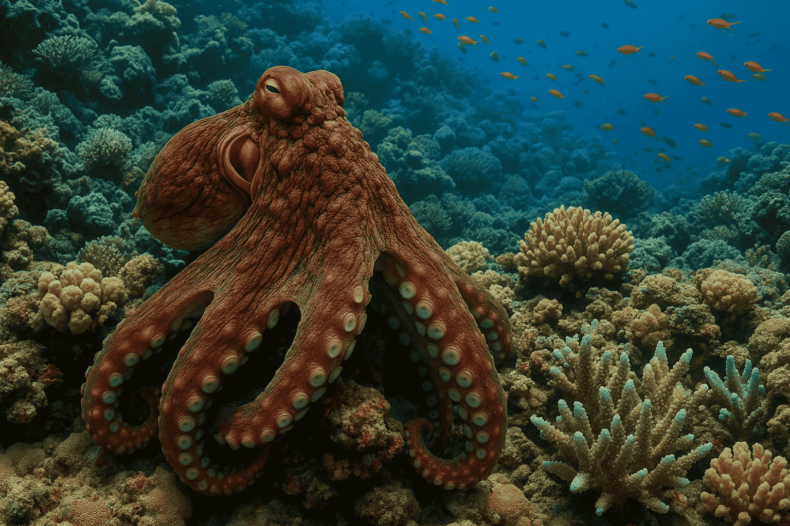 a large octopus rests on the coral reef with a school of yellow fish in the background.