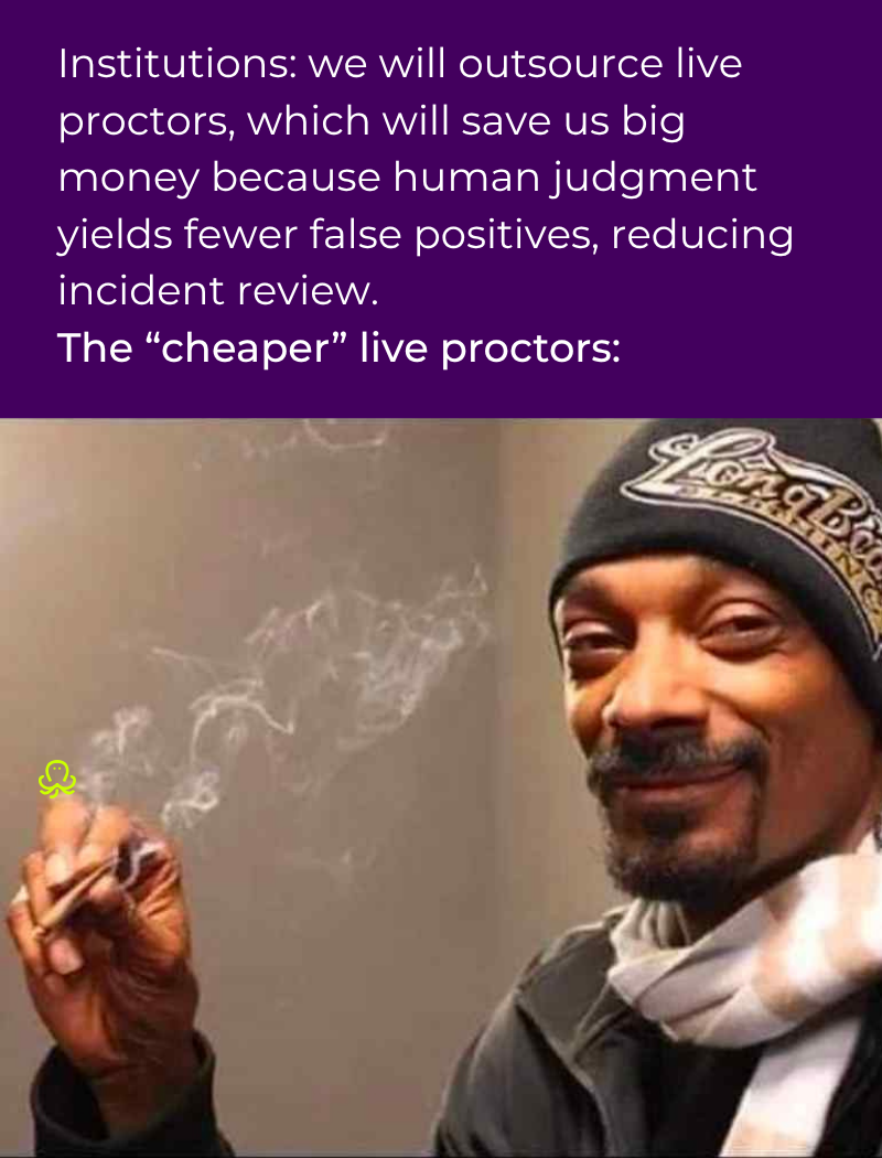 Meme about the hidden costs of outsourced live proctoring, showing institutions expecting cheaper human supervision while the “cheaper” live proctor is actually much higher in cost to maintain. The meme features Snoop Dogg having a smoke and smiling knowingly.