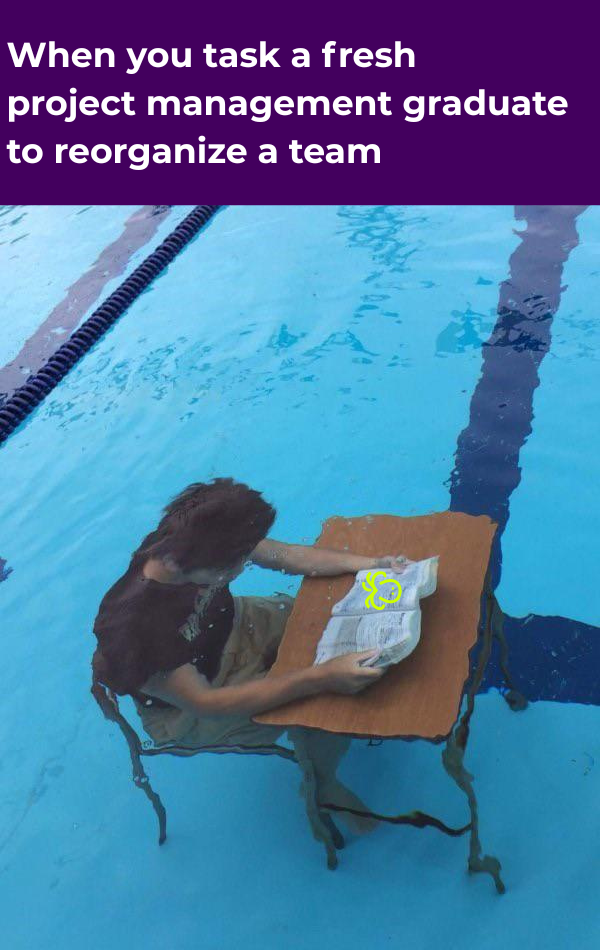 Meme saying “When you task a fresh project management graduate to reorganize a team.” Below the text is an image of a person sitting at a desk underwater in a swimming pool, reading papers, suggesting impractical academic-forward management.