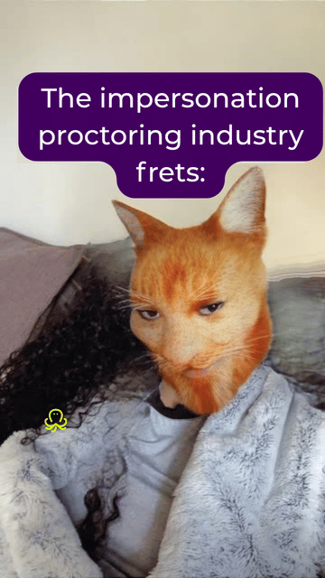 Meme showing a person with an orange cat face filter and giga Chad expression, with text reading: “The impersonation proctoring industry frets.”