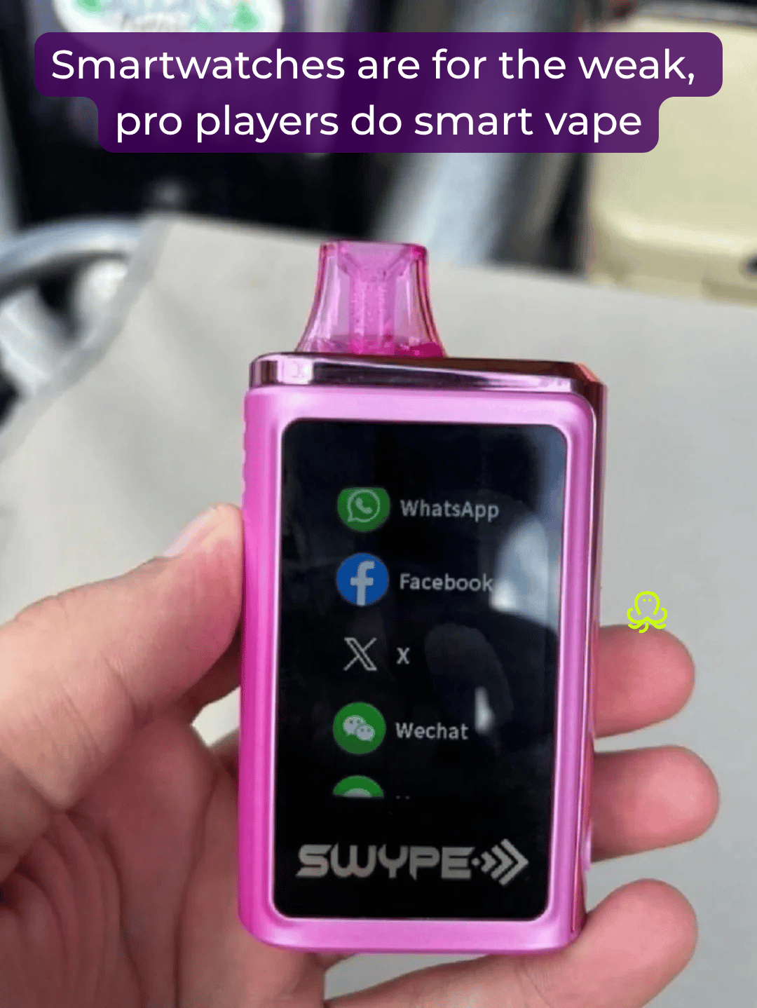 Meme about exam cheating, showing a hand holding a pink smart vape with social media apps on its screen, with text reading: “Smartwatches are for the weak, pro players do smart vape.”