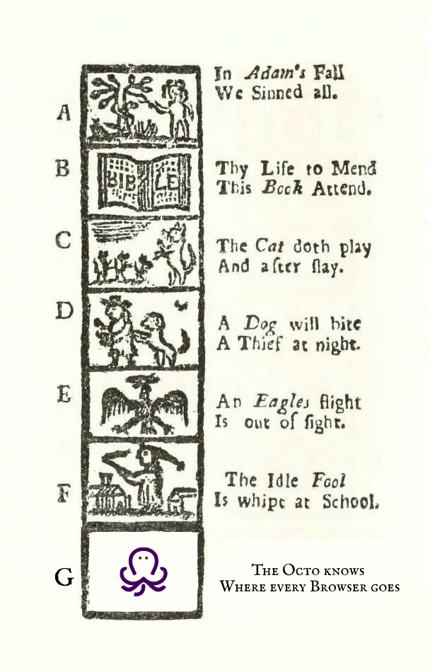 New England Primer alphabet illustration with small woodcut images for letters A to G, ending with an OctoProctor octopus icon and the caption, “The Octo knows where every Browser goes.”