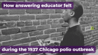 GIF meme showing a man talking toward a brick wall, captioned “How answering educator felt during the 1937 Chicago polio outbreak,” suggesting frustration with resistance to educational radio.