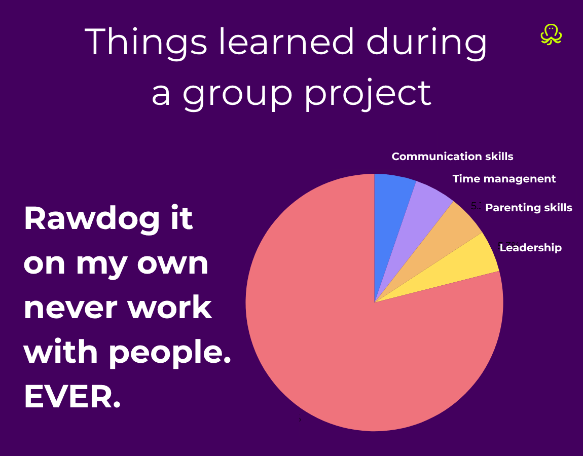 Funny pie chart about group projects, where communication, leadership, and presentation skills take a tiny share while most of the chart jokes that working with people is the biggest lesson of multidisciplinary education.