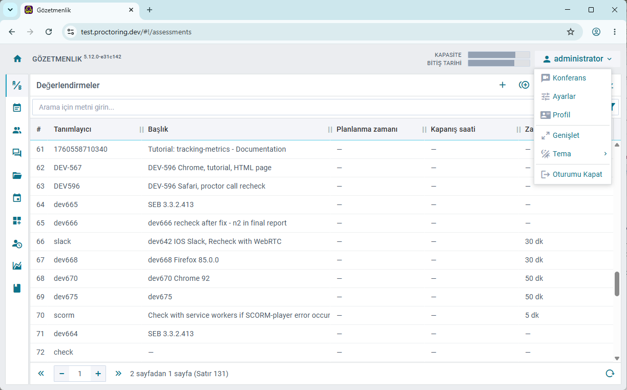 Turkish localization of the OctoProctor administrator dashboard, including the Assessments page and navigation menu for proctoring platform administration. Continuing to stay ahead of emerging threats