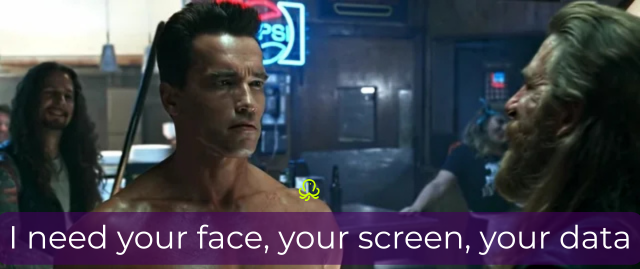 Terminator meme saying “I need your face, your screen, your data,” introducing what online proctoring may collect, including webcam, screen, identity, and assessment data.