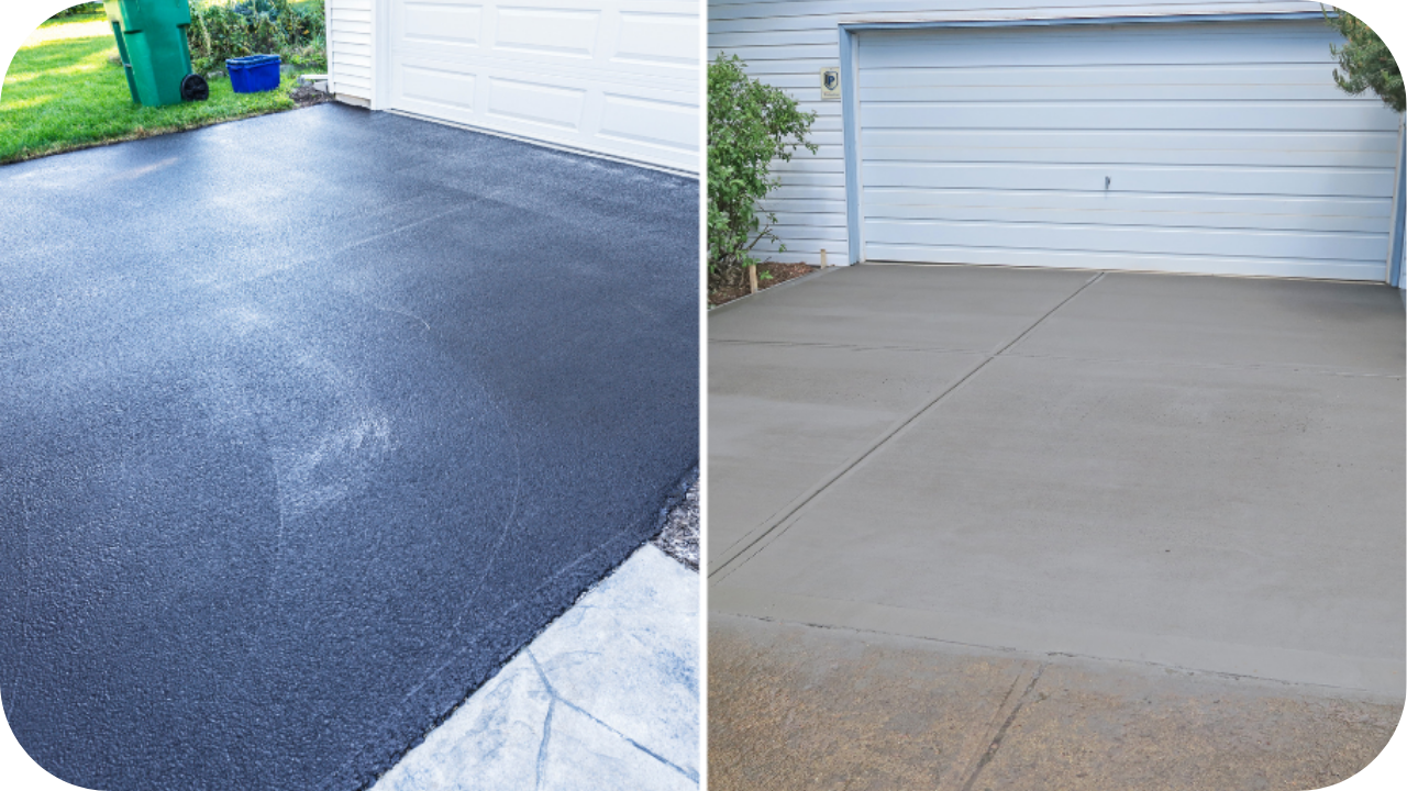 A before-and-after split image of a driveway, showing the faded surface on the right and the new, dark glossy sealed coat on the left.