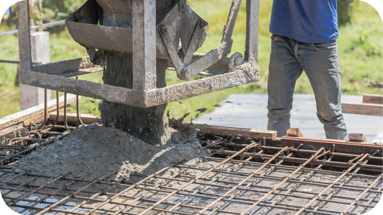 A large concrete bucket suspended from a crane pours wet concrete onto a grid of steel rebar for a new foundation.