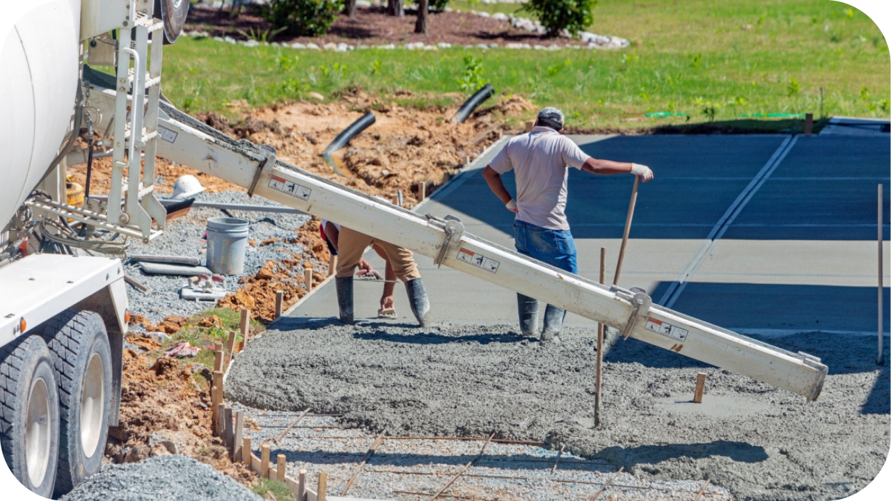 A concrete mixer truck with its chute extended pours a new driveway, as workers in the background spread the wet concrete.