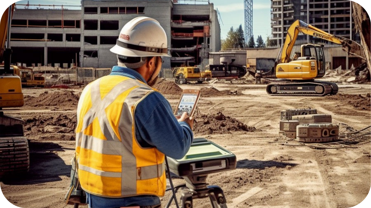 A site surveyor in a hard hat uses a tablet to operate surveying equipment on a large construction site with excavators.