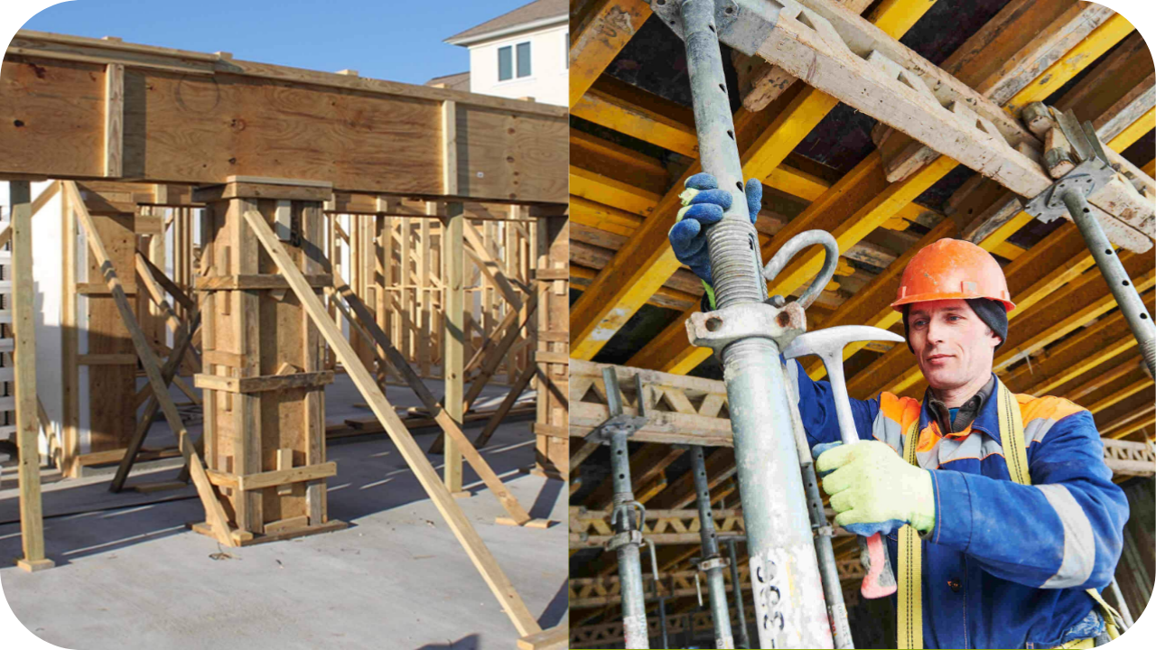 A split image showing complex wooden formwork on the left, and a worker adjusting a metal shoring prop on the right.