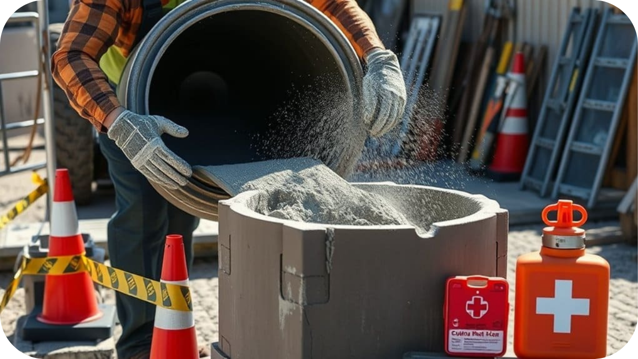 A worker in safety gloves pours a dry cement mix from a large metal pipe into a container, with a first aid kit nearby.