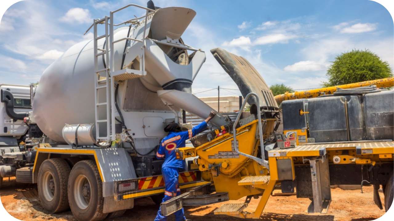 A worker in blue coveralls connects the chute of a concrete mixer truck to the hopper of a concrete pump truck on a dirt site.