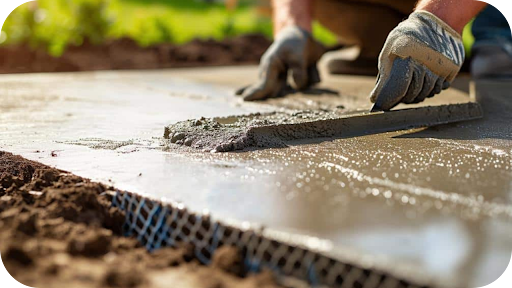 Worker smoothing freshly poured concrete slab with a trowel, wearing protective gloves at a construction site.