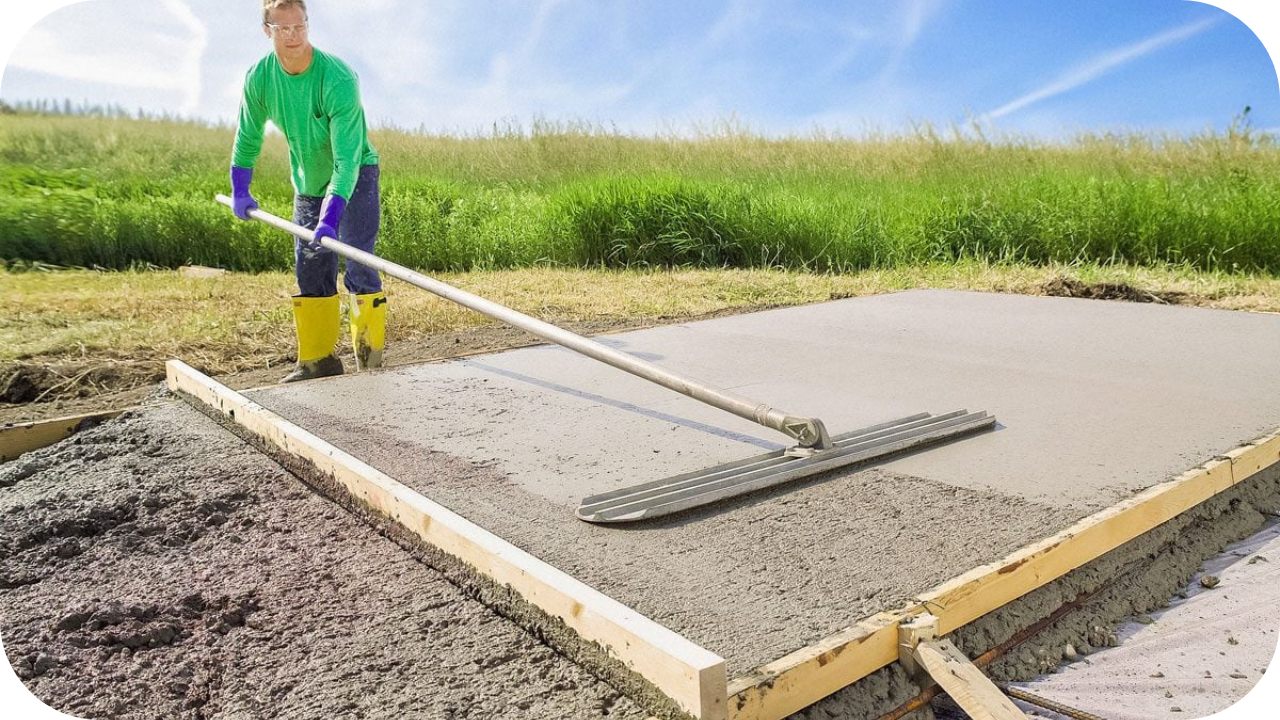 Worker in gloves and boots smoothing freshly poured concrete slab with a long-handled tool on a sunny day.