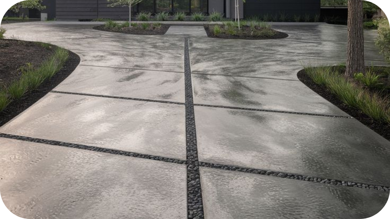 Modern driveway with decorative eco-friendly concrete Melbourne design, featuring textured slabs and pebble joints, blending sustainability with stylish outdoor appeal.