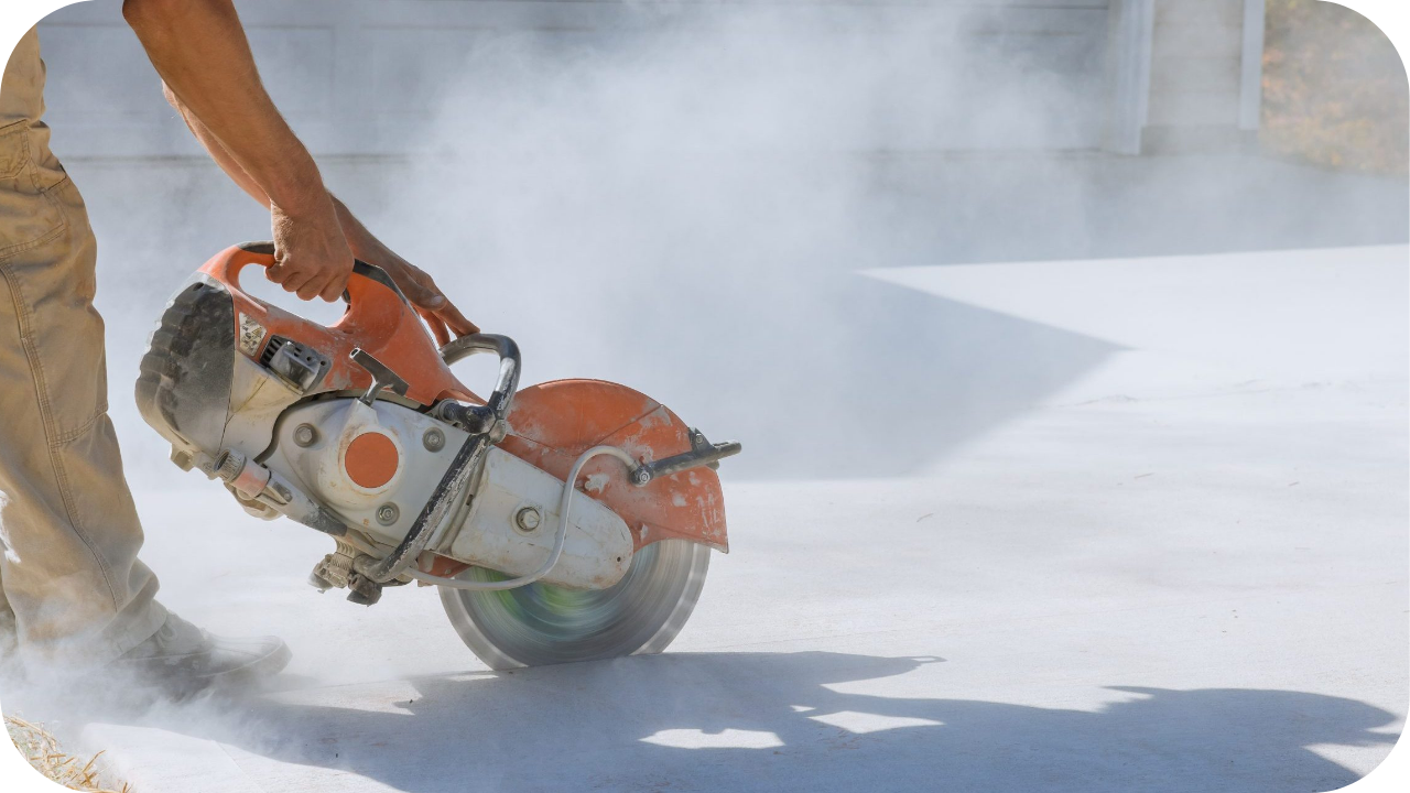 Worker using a handheld saw to cut through concrete, creating dust during construction work.