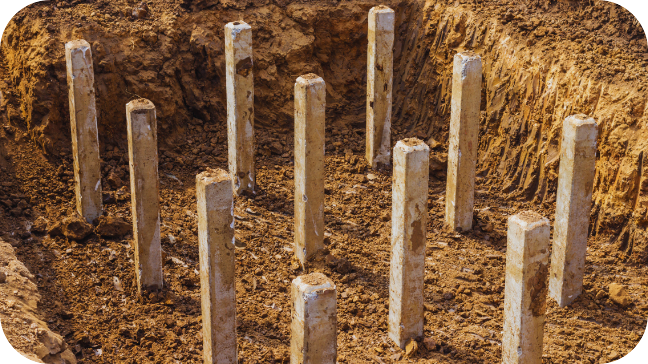 A group of square, vertical concrete piles or piers set in a grid pattern, sticking up out of excavated dirt at a construction site.
