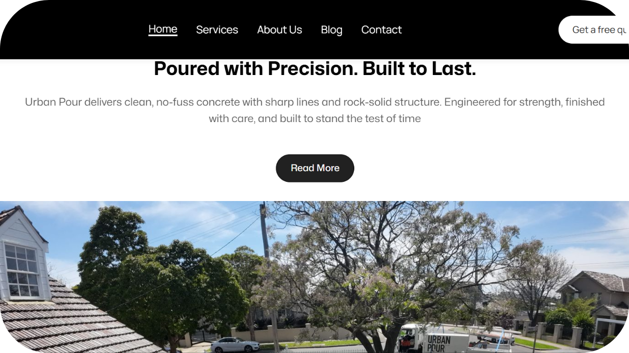Urban Pour website banner featuring professional concrete services in Melbourne, accompanied by a tagline and clean design.