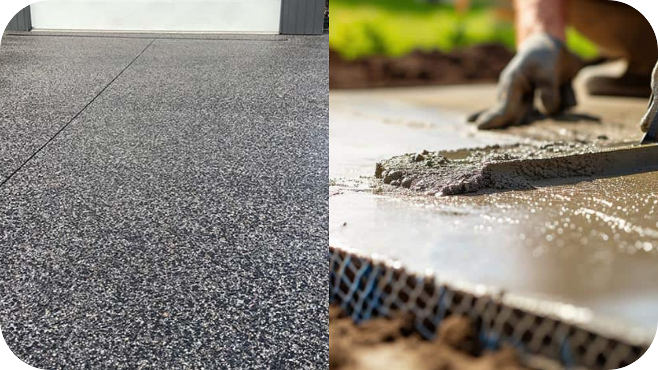 Close-up of exposed aggregate concrete texture beside image of contractor pouring and finishing fresh concrete.