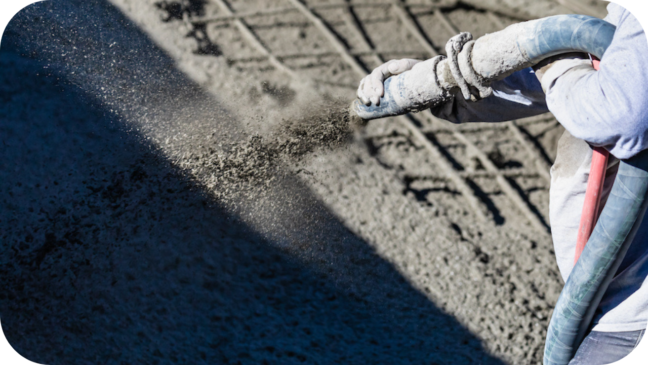A worker holds a nozzle that is spraying a powerful stream of wet concrete, or shotcrete, onto a sloped surface.