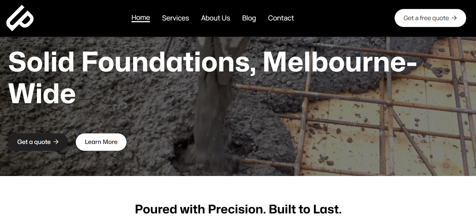 Screenshot of a website homepage with the headline "Solid Foundations, Melbourne-Wide" over an image of a concrete pour.