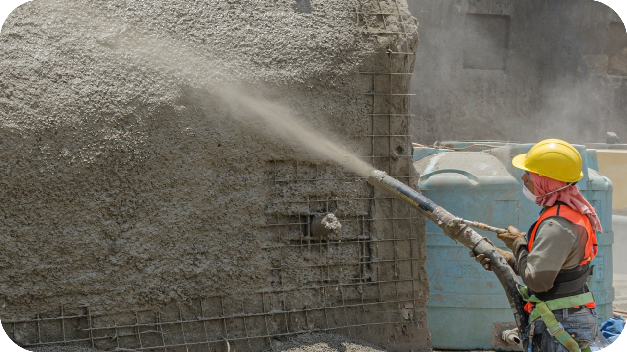 Worker spraying concrete along a reinforced wall under daylight, showing controlled application techniques for concrete pumping on Melbourne building sites.
