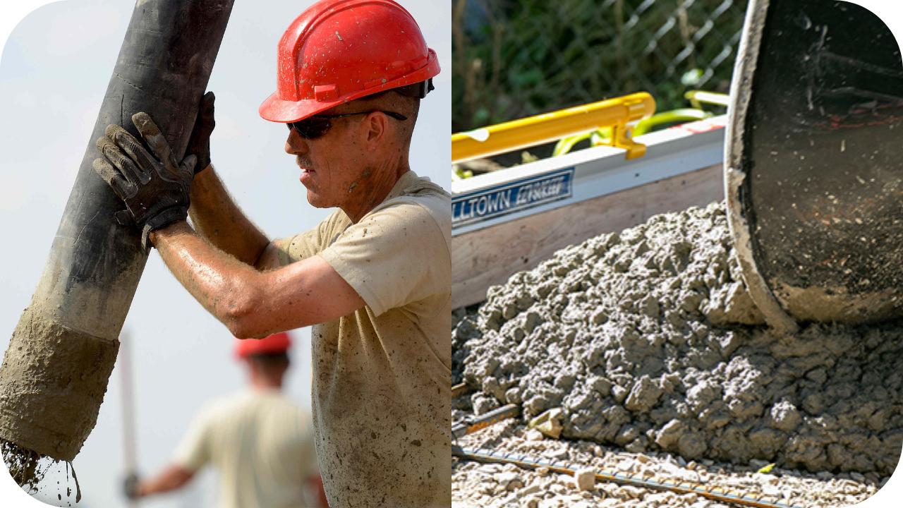Side-by-side comparison showing a worker using a concrete pump versus traditional pouring methods, wheelbarrows, illustrating the efficiency of modern concrete pumping over older techniques.