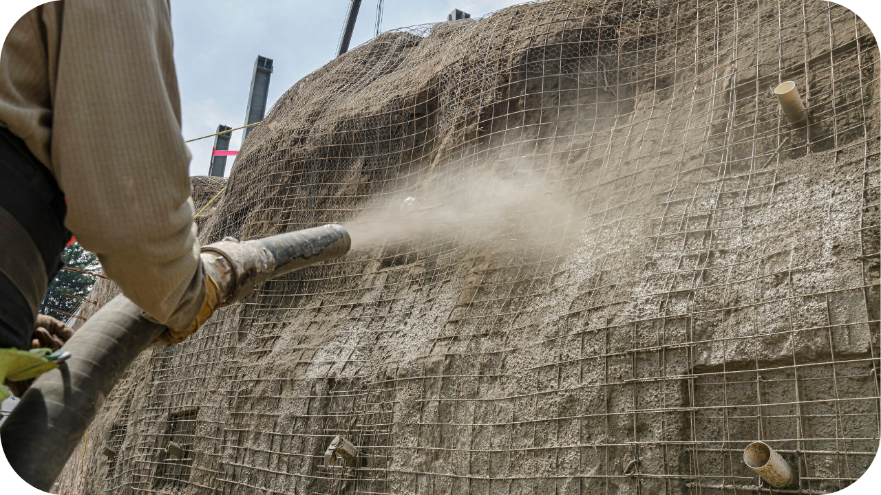 A technician applying shotcrete to a steep stabilised earth wall with mesh reinforcement, creating a durable structural surface for Melbourne retaining wall support.