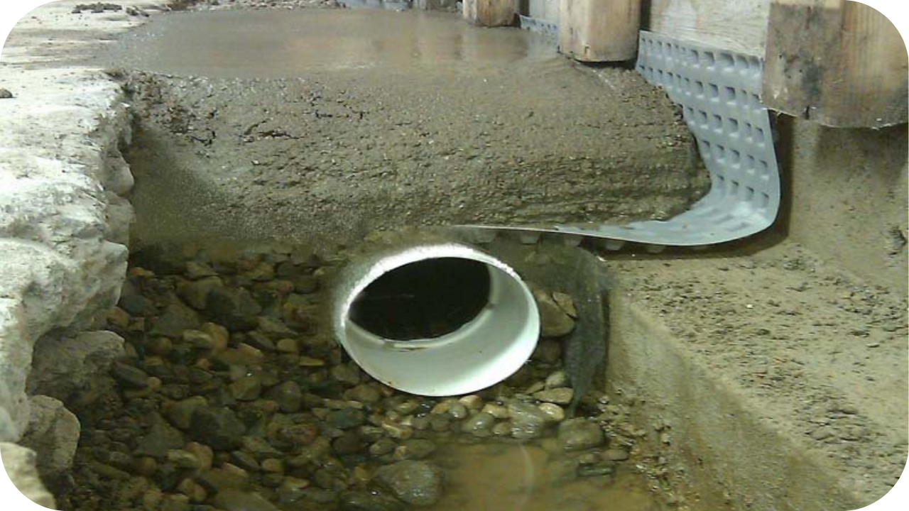 A foundation drainage system with a perforated pipe and gravel bed guiding water away from the concrete wall to help keep the basement dry and stable.