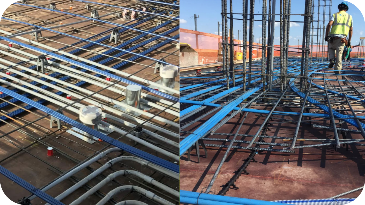 Close-up view of post-tensioning systems showing blue tendons, steel reinforcement, and conduit layouts across a concrete slab, illustrating different post-tensioning methods used in multi-level residential construction.